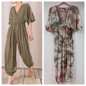 Storia Tie-Dye Deep V-Neck Ruffle Sleeves Romper L